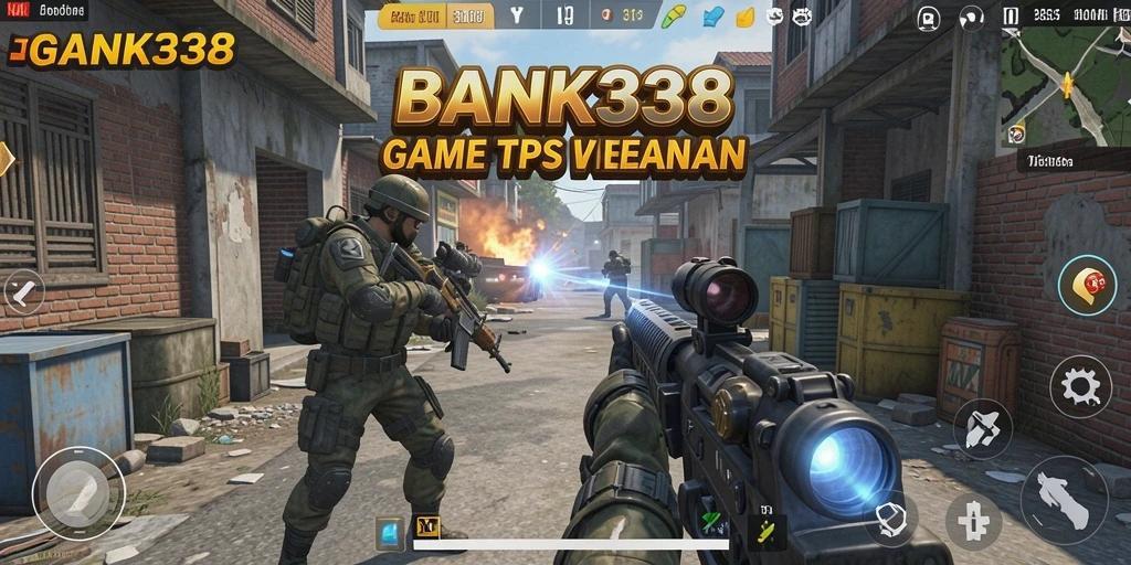 Screenshot utama BANK338 menunjukkan aksi pertempuran gameplay TPS yang seru.