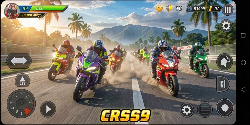 Tampilan gameplay CRS99 yang mengesankan dalam balapan motor.
