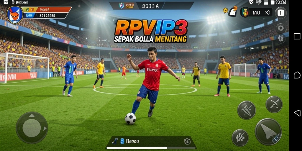Screenshot RPVIP3 menampilkan aksi seru di lapangan sepak bola.