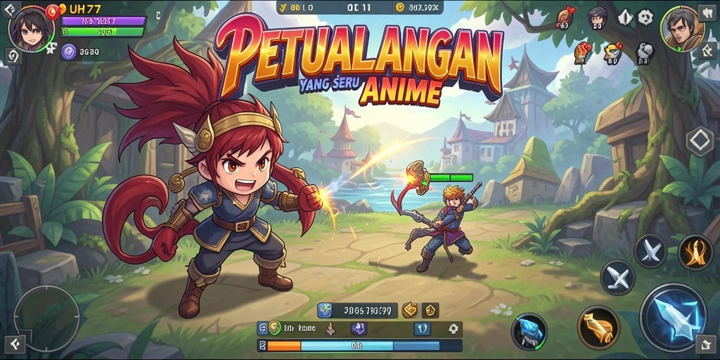 Tampilan gameplay UH77 menampilkan karakter Anime yang dinamis dan lingkungan menarik.